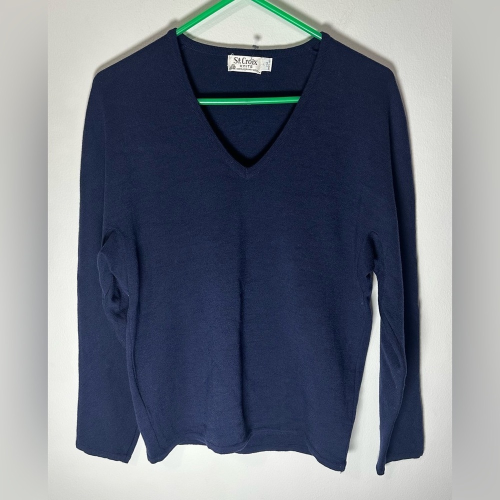 St Croix Navy V-Neck Zephyr Wool Sweater Size Large